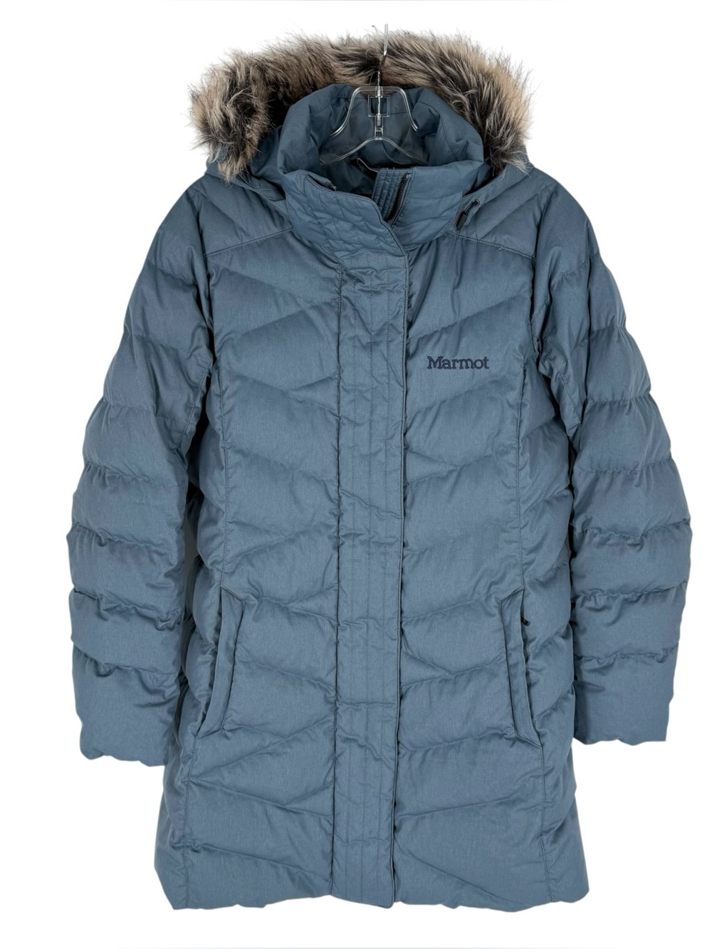 Marmot Down Parka Coat Womens Size Medium Blue Faux Fur Hood Warm 700 Fill